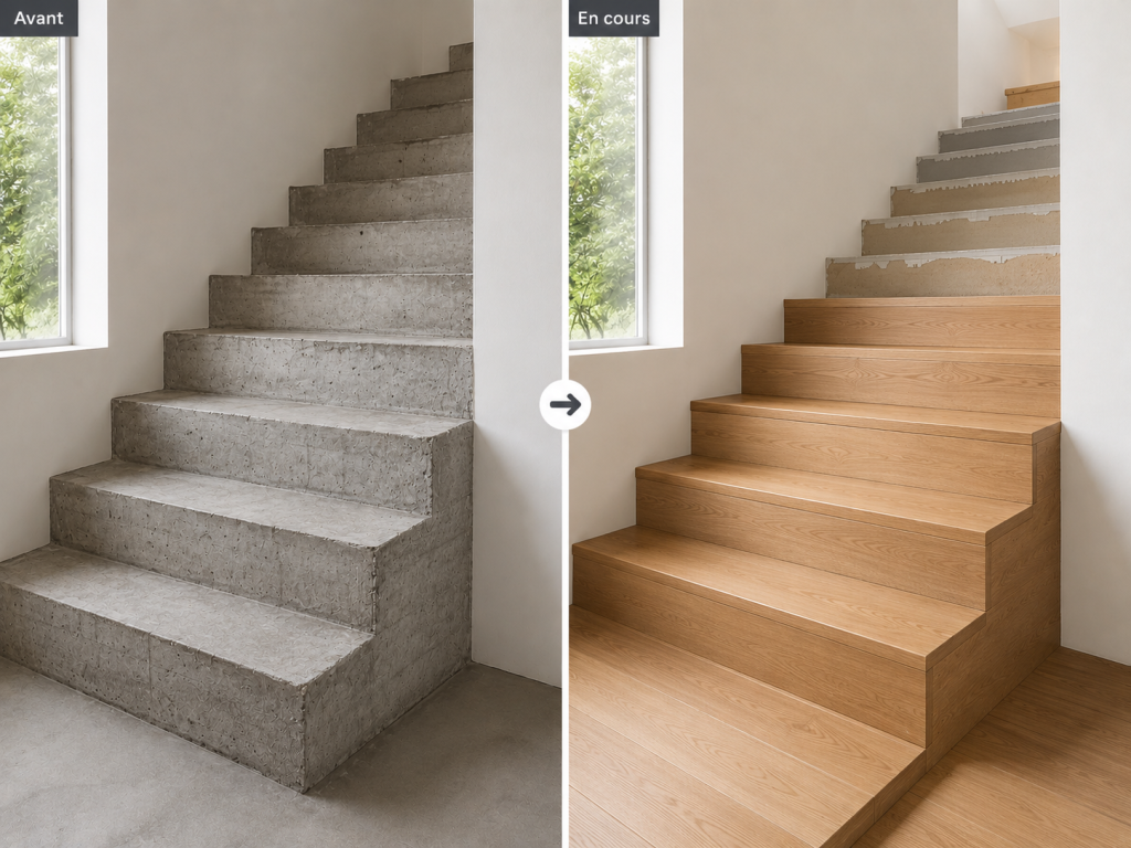 Habillage d'un escalier en béton - Avant et En cours