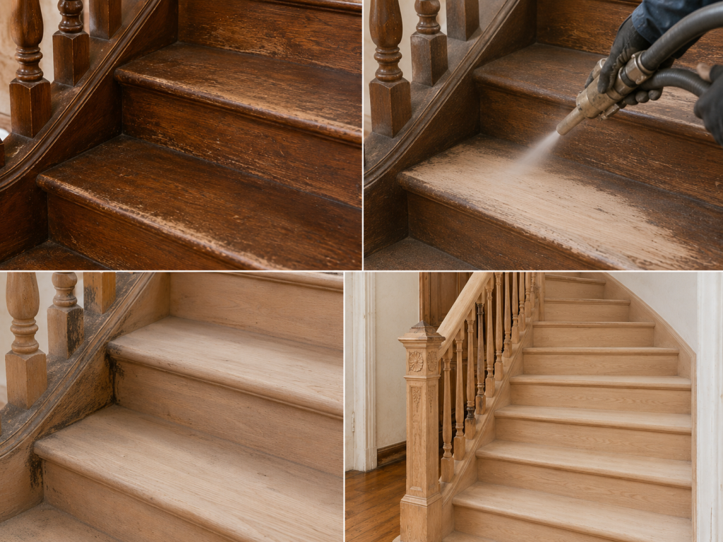 étapes aérogommage sur un escalier