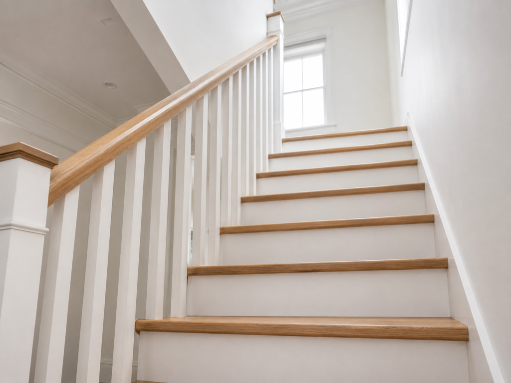 Montée d'un escalier blanc et bois