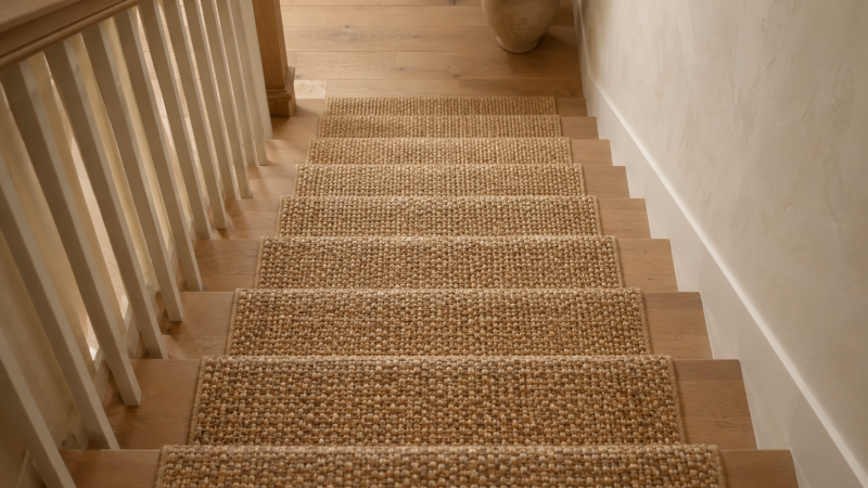 Jonc de mer sur un escalier : atouts, limites et que faire quand il s'abîme Escalier avec tapis en jonc de mer