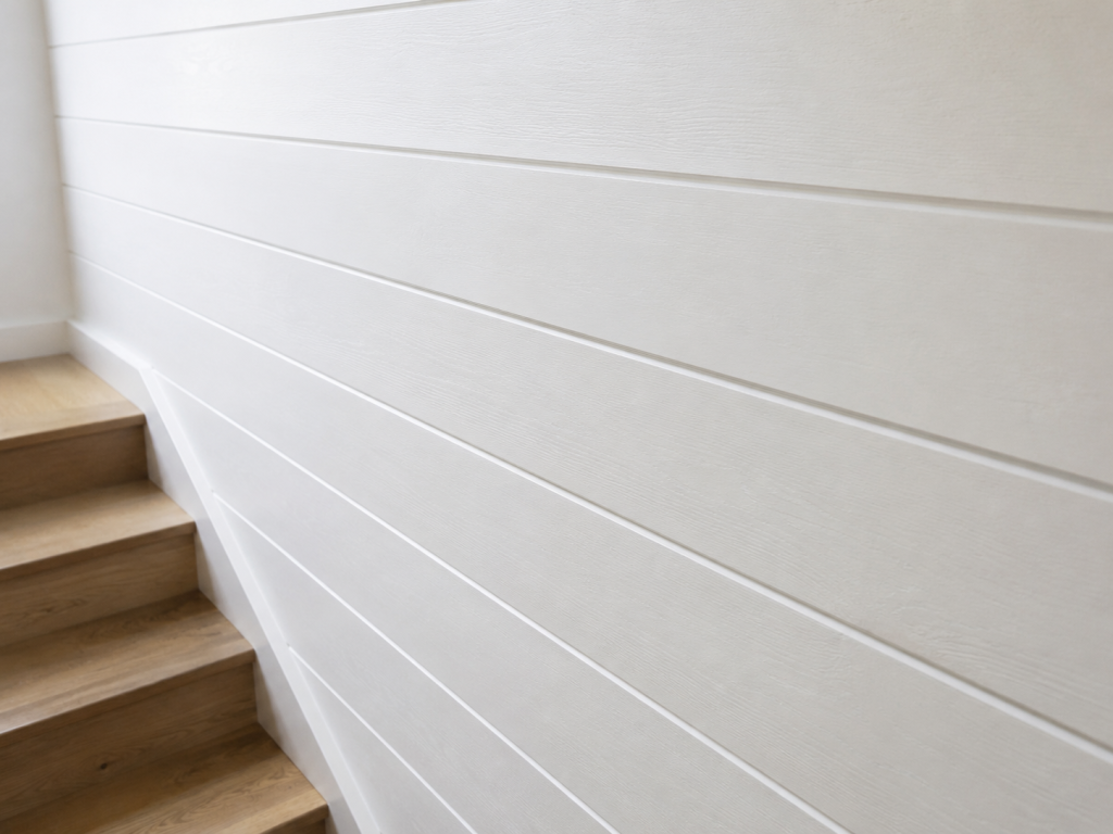 Mur d'escalier avec lambris blanc