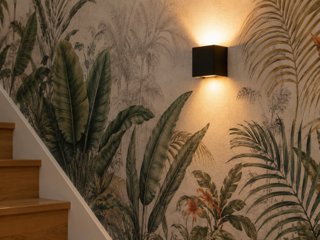 Papier peint sur un mur d'escalier + spot