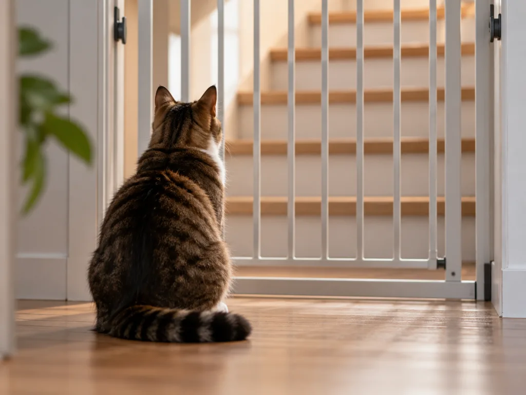 Chat devant une barrière d'escalier