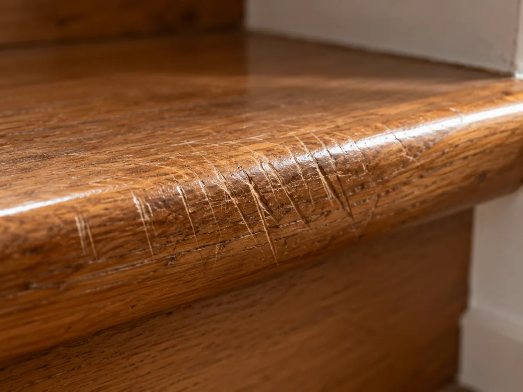 Griffures sur un escalier en bois