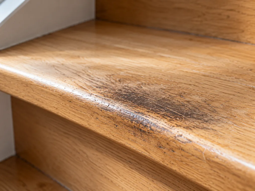 Marche d'escalier en bois usée par les animaux