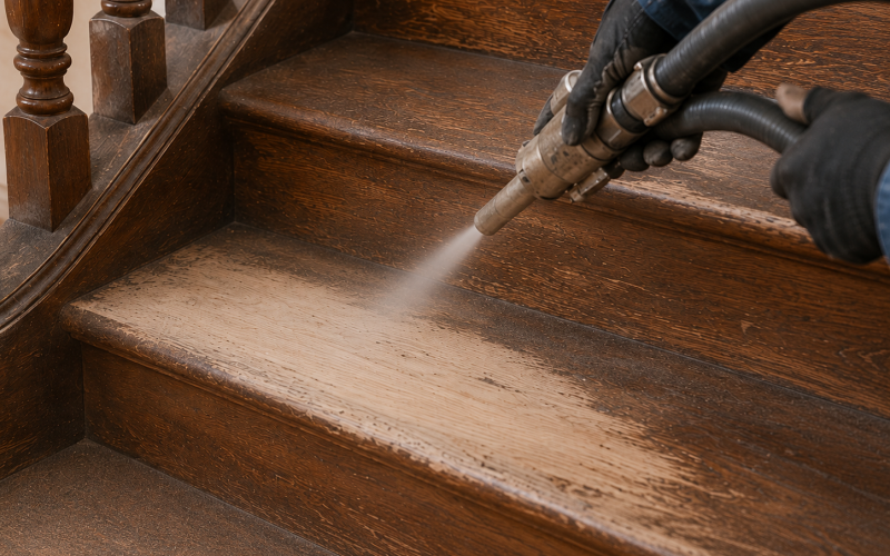 Aérogommage d&rsquo;escalier : principe, avantages, prix et quand y recourir