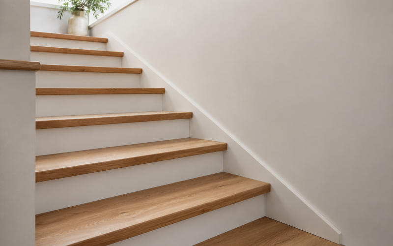 Ambiance d'un escalier bois et blanc