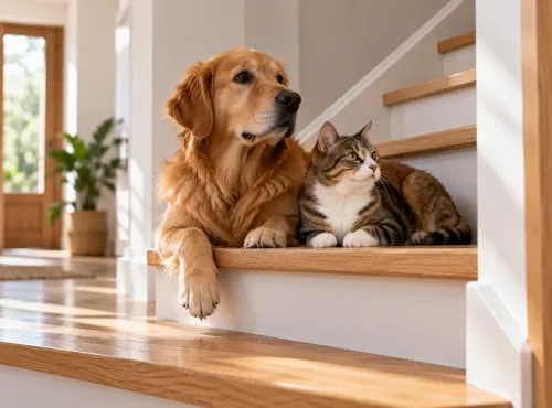 Chien et chat sur un escalier en bois