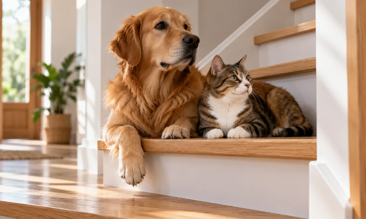 Chien et chat sur un escalier en bois