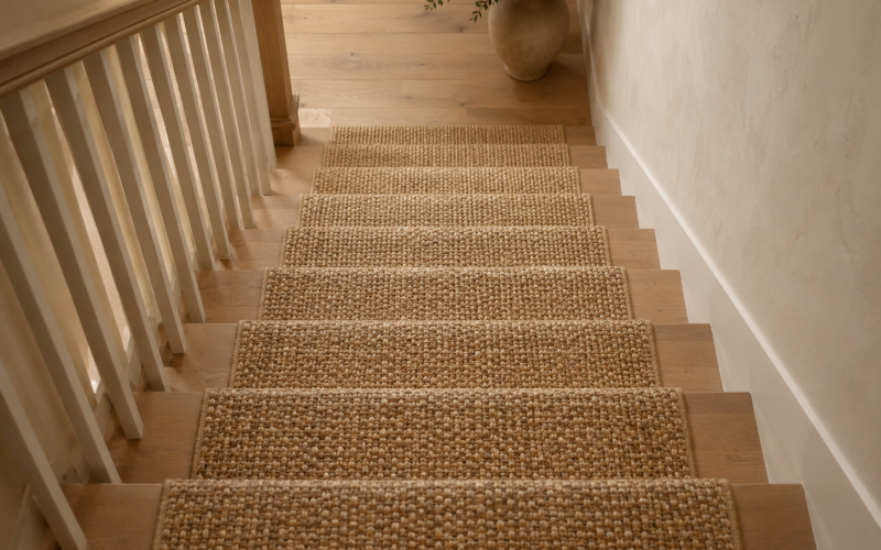 Escalier avec tapis en jonc de mer