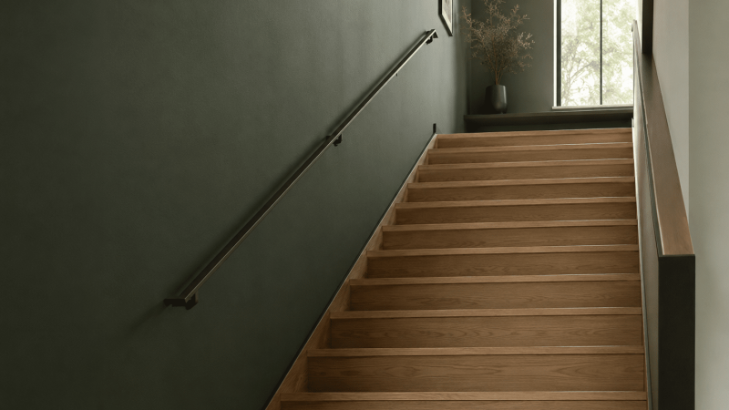 Montée d'escalier avec un mur vert