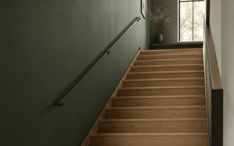 Montée d'escalier avec un mur vert